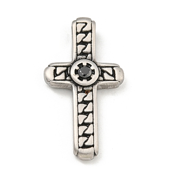 304 Stainless Steel Pendants, with Jet Rhinestone, Cross Charm, Stainless Steel Color, 33x17.5x5mm, Hole: 3mm