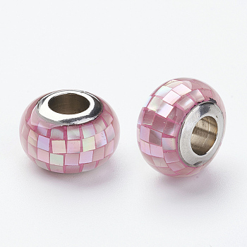 304 Stainless Steel Resin European Beads, with Shell and Enamel, Rondelle, Large Hole Beads, Pearl Pink, 12x8mm, Hole: 5mm