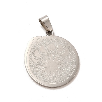 304 Stainless Steel Pendants, Flat Round with Snake & Moon Phase Charm, Stainless Steel Color, 28x24.5x1.5mm, Hole: 5x7.5mm