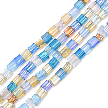 Transparent Glass Beads Strands, Rainbow Plated, Tube, Mixed Color, 3~5.5x3.5~4x3.5~4mm, Hole: 1.2mm, about 98~99pcs/strand, 15.35 inch~15.55 inch(39~39.5cm)