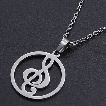 201 Stainless Steel Pendant Necklaces, with Cable Chains and Lobster Claw Clasps, Ring with Music Note, Stainless Steel Color, 17.7 inch(45cm), 1.5mm