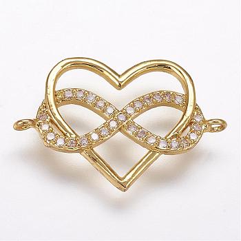 Brass Micro Pave Cubic Zirconia Links, Heart and Infinity, Polyamory Charm, Golden, 15x22.5x2mm, Hole: 1mm
