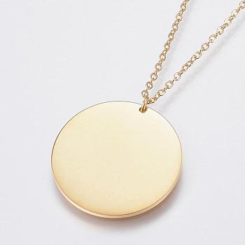 304 Stainless Steel Pendant Necklaces, with Lobster Clasps, Flat Round, Golden, 15.75 inch(40cm), 1.2mm, Pendant: 21x1mm