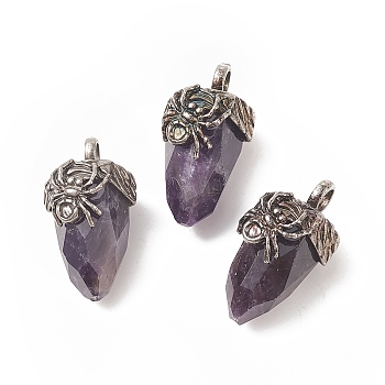 Natural Amethyst Pendants, Faceted Acorn Charms, with Antique Silver Tone Brass Spider Findings, 40.5~41x18.5x21~24mm, Hole: 5.5x6mm