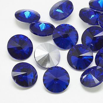 Pointed Back Glass Rhinestone Cabochons, Rivoli Rhinestone, Back Plated, Faceted, Cone, Sapphire, 16x7.5~8mm