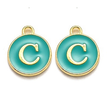 Golden Plated Alloy Enamel Charms, Enamelled Sequins, Flat Round with Alphabet, Letter.C, Green, 14x12x2mm, Hole: 1.5mm