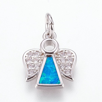 Brass Cubic Zirconia Pendants, with Synthetic Opal, Angel, Platinum, Deep Sky Blue, 14.5x12x2.5mm, Hole: 4mm
