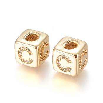 Brass Micro Pave Cubic Zirconia Beads, Long-Lasting Plated, Cube with Letter, Clear, Golden, Letter.C, 10x8x8.5mm, Hole: 1.5x3.5mm and 4mm