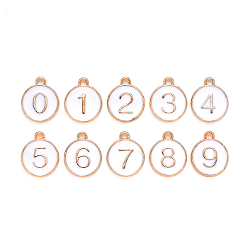Light Gold Plated Alloy Enamel Charms, Enamelled Sequins, Flat Round with Number, Number 0~9, White, 14.5x12x2.5mm, Hole: 1.4mm, 10pcs/set