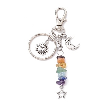 Tibetan Style Alloy Keychains, with Chakra Gemstone Chip Beads and Alloy Swivel Lobster Claw Clasps, Moon, 9.7cm