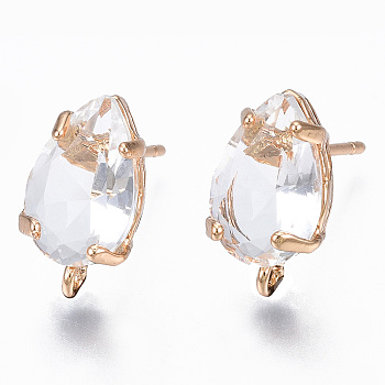 Transparent Brass Stud Earring Findings, with Glass, Oval with Loop, Long-Lasting Plated, Teardrop, Clear, 14x8.5mm, Hole: 1.2mm, Pin: 0.7mm