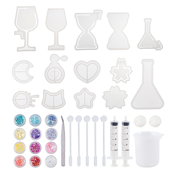 DIY Quicksand Jewelry Making, with Silicone Molds, Shaker Molds Glitter Sequins, 304 Stainless Steel Beading Tweezers, Measuring Cup, Latex Finger Cots, Dispensing Syringe and Plastic Stirring Rod, White, 132x9.6x2mm