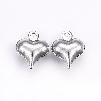 304 Stainless Steel Charms, Puffed Heart, Stainless Steel Color, 11x9x4mm, Hole: 1.2mm
