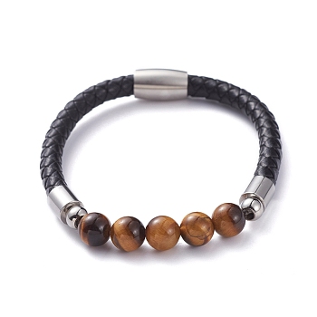 Unisex Leather Cord Bracelets, with Natural Tiger Eye Round Beads, 304 Stainless Steel Magnetic Clasps and Rondelle Beads, with Cardboard Packing Box, 8-1/8 inch(20.5cm)