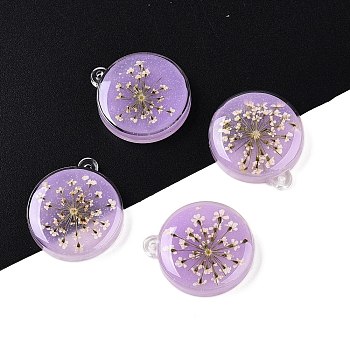 Epoxy Resin Pendants, with Dried Flower Inside, Round, 23.5x20.5x4~5mm, Hole: 1.5mm