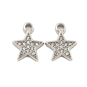 304 Stainless Steel Pendants, with Crystal Rhinestone, Star Charms, Stainless Steel Color, 12x9x2mm, Hole: 1.8mm