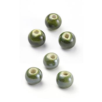 Handmade Porcelain Beads, Pearlized, Round, Olive, 10mm, Hole: 2~3mm