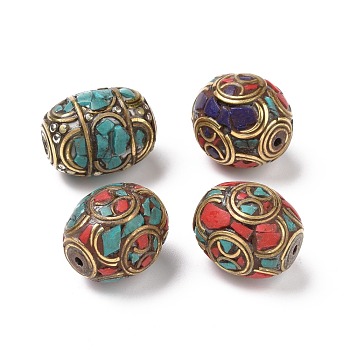 Handmade Tibetan Style Brass Beads, with Synthetic Turquoise, Oval, Mixed Color, 18.5~20x15.5~17x15.5~17mm, Hole: 1.5mm
