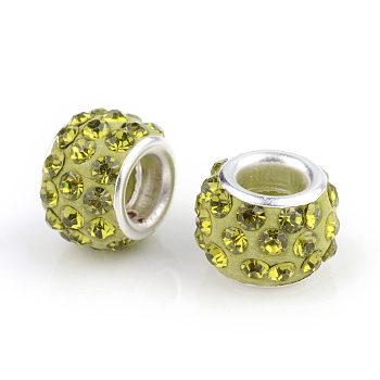 Polymer Clay Rhinestone European Beads, Large Hole Beads, Rondelle, with Silver Color Plated Brass Cores, Olivine, 10~12x7~8mm, Hole: 5mm