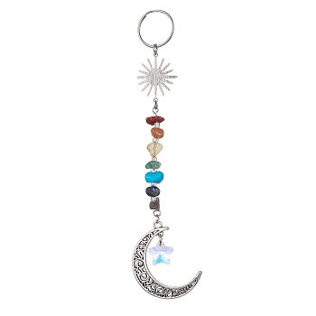 Tibetan Style Alloy Keychains, with Chakra Gemstone Chips and 304 Stainless Steel Split Key Rings, Moon, 149mm