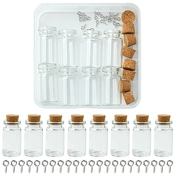 8Pcs Glass Jar Glass Bottles with Cork Stopper, Wishing Bottle, Bead Containers, with 20Pcs Iron Screw Eye Pin Peg Bails, Clear, 4x2.2cm, Inner Diameter: 1.3cm, Capacity: 10ml(0.34fl. oz), Bottleneck: 15mm in diameter