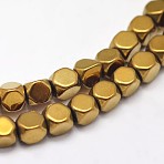 Electroplate Non-magnetic Synthetic Hematite Beads Strands, Faceted Cube, Smooth, Golden Plated, 2x2x2mm, Hole: 1mm, about 200pcs/strand, 16 inch(G-I175-09C)