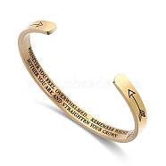 Stainless Steel Cuff Bangle, Arrow with Word Pattern, Golden, Inner Diameter: 2-1/2 inch(6.2cm)(WU8630-2)