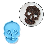 DIY Skull with Heart Pendant Silicone Molds, Resin Casting Molds, For UV Resin, Epoxy Resin Jewelry Making, Halloween Theme, Sky Blue, 77x56x6mm, Hole: 3mm(DIY-D060-44)