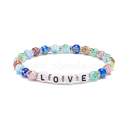 Word Love Bracelet, Colorful Millefiori Glass & Acrylic Beaded Stretch Bracelet for Women, Letter Pattern, Inner Diameter: 2-1/8 inch(5.5cm)(BJEW-JB08584-02)