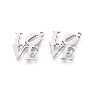 201 Stainless Steel Charms, Manual Polishing, Word LOVE, Stainless Steel Color, 13x13x1.5mm, Hole: 1.2mm(STAS-F231-049P)