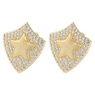 Rack Plating Brass Micro Pave Cubic Zirconia Stud Earrings, Star Shield, Real 16K Gold Plated, 16.5x14mm(EJEW-M230-15G)