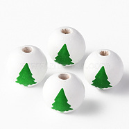 Painted Natural Wood Beads, Round with Christmas Tree, Green, 16x15mm, Hole: 4mm(WOOD-N006-174)