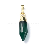 Natural Green Onyx Agate Pendants, Faceted Cone Charms with Rack Plating Golden Plated Brass Snap on Bails, Cadmium Free & Lead Free, 21x6mm, Hole: 3.5x6mm(G-NH0001-02G-02)