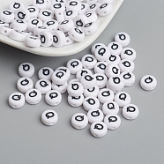 Flat Round with Letter Q Acrylic Beads, with Horizontal Hole, White & Black, Size: about 7mm in diameter, 4mm thick, hole: 1mm(X-PL37C9070-Q)