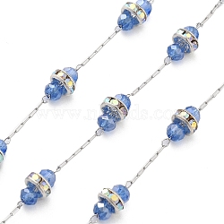 Handmade Glass Beads & Rhinestone Chains, for Necklaces Bracelets Making, with 304 Stainless Steel Chains, Soldered, with Spool, Blue, Link: 2.5x0.8x0.3mm, about 16.40 Feet(5m)/Roll(CHS-L028-02P)