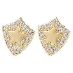 Rack Plating Brass Micro Pave Cubic Zirconia Stud Earrings, Star Shield, Real 16K Gold Plated, 16.5x14mm(EJEW-M230-15G)