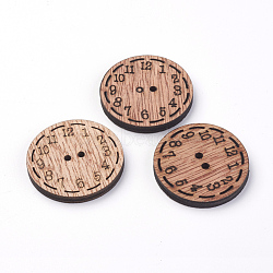 2-Hole Wooden Sewing Buttons, Flat Round with Clock, Sienna, 30x3.5mm, Hole: 1.5mm(X-WOOD-S037-053)