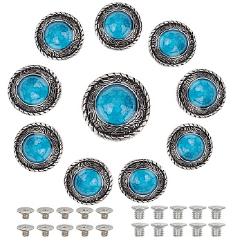 10 Sets Alloy Buttons, with Imitation Synthetic Turquoise & Iron Screw, Flat Round, Antique Silver, 25x14mm