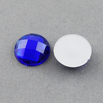 Acrylic Rhinestone Cabochons, Flat Back, Faceted, Half Round, Blue, 12x4.5mm