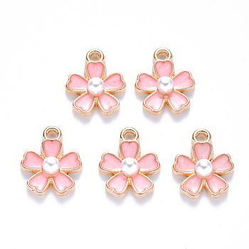 Alloy Enamel Charms, with ABS Plastic Imitation Pearl, Sakura Flower, Light Gold, Light Coral, 14.5x11.5x4.5mm, Hole: 1.2mm