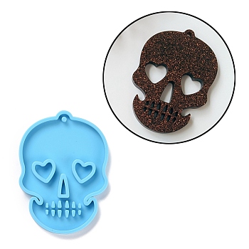 DIY Skull with Heart Pendant Silicone Statue Molds, Resin Casting Molds, For UV Resin, Epoxy Resin Jewelry Making, Halloween Theme, Sky Blue, 77x56x6mm, Hole: 3mm