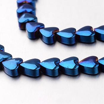 Electroplate Non-magnetic Synthetic Hematite Bead Strands, Heart, Blue Plated, 6x6x3mm, Hole: 1mm, about 71pcs/strand, 15.7 inch