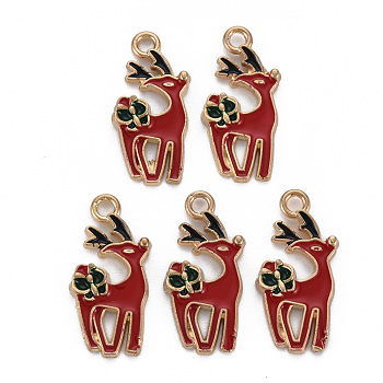 Alloy Enamel Pendants, Cadmium Free & Nickel Free & Lead Free, Reindeer, for Christmas, Light Gold, Red, 23.5x11x2mm, Hole: 1.8mm