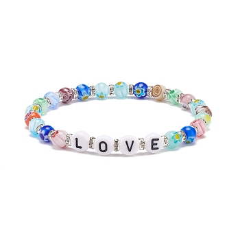 Word Love Bracelet, Colorful Millefiori Glass & Acrylic Beaded Stretch Bracelet for Women, Letter Pattern, Inner Diameter: 2-1/8 inch(5.5cm)