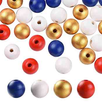 160 Pcs 4 Colors 4 July American Independence Day Painted Natural Wood Round Beads, Loose Beads for Jewelry Making and Home Decor, with Waterproof Vacuum Packing, Blue & Red & White & Goldenrod, 16mm, Hole: 4mm, 40pcs/Color