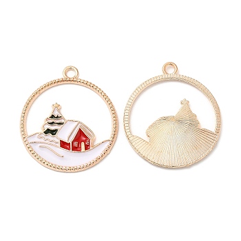 Christmas Zinc Alloy Enamel Pendants, Light Gold, Ring Charm, House, 28x25x1.5mm, Hole: 2mm