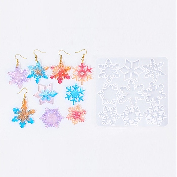 DIY Pendant Silicone Molds, Resin Casting Molds, Snowflake, For Christmas, White, 115x113x4.5mm, Hole: 1.7mm and 2.7mm, Inner Diameter: 35~46x28~35mm