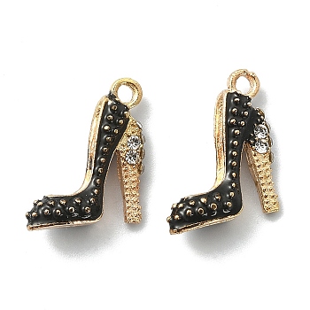 2Pcs Alloy Enamel Stilettos Pendants, Cadmium Free & Lead Free, with Rhinestone, High-heeled Shoes, Light Gold, Black, 17.5x14x6mm, Hole: 2mm