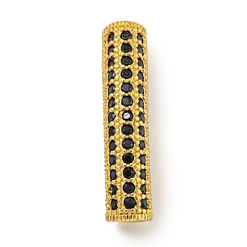Brass Micro Pave Black Cubic Zirconia Beads, Bend Tube, Real 18K Gold Plated, 27x6x5.5mm, Hole: 3.5x4mm