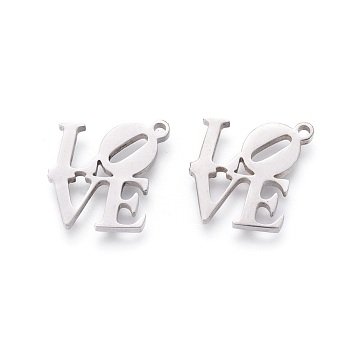 201 Stainless Steel Charms, Manual Polishing, Word LOVE, Stainless Steel Color, 13x13x1.5mm, Hole: 1.2mm